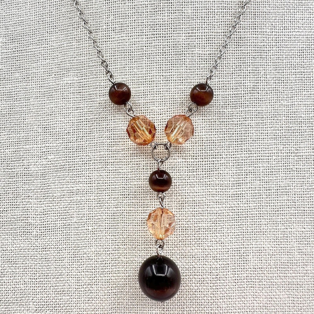 Vintage Y2K Silver Tone Beaded Y-Drop Necklace Boho Statement Women's Jewelry